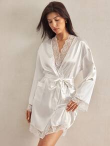 Charlaine 女士舒适缎面撞色蕾丝长袍，秋季 - 白色 - 查看 5