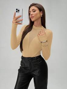 Chiquease Women's Fashion Sheer Mesh Patchwork Long Sleeve Bodysuits Fall Cloth For Women - Khaki - View 5