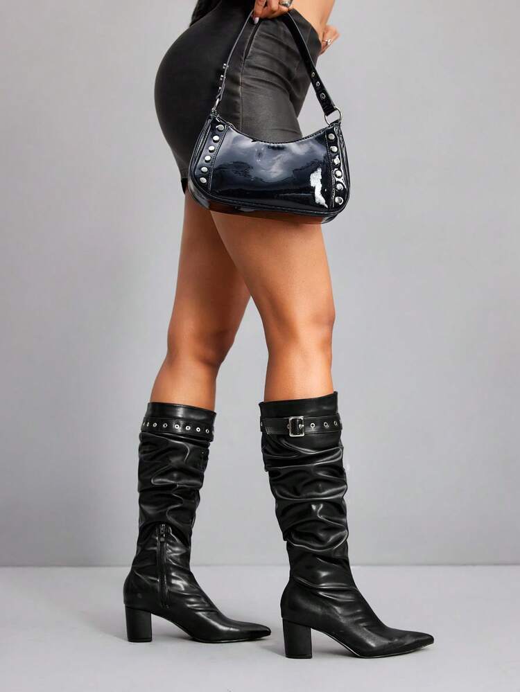 CUCCOO SZL 女性ファッション セクシー ハイヒール ロングブーツ、太ヒール 無地、プロフェッショナル&デートスタイル、サイドジッパー、エレガントなパーティーブーツ