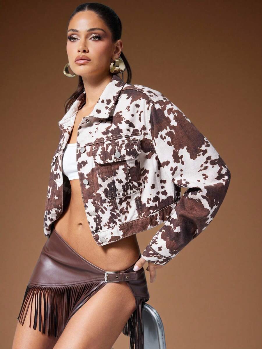 Denimoi Áo khoác denim hở vai họa tiết bò thường ngày - Nhiều màu - Xem 1