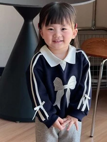 DAZY Baby Girl Contrast Color Collar Korean Style Bow Long Sleeve Sweatshirt Fall, Winter Toddler Girls Clothes - Navy Blue - View 6