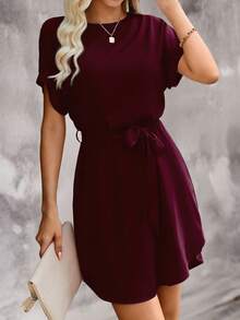 EMERY ROSE Women's Casual Solid Color Waist Belt Short Sleeve Dress - Burgundy - View 3