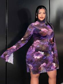 Slaydiva Vestido ajustado de talla grande con estampado floral verde, de manga acampanada y tejido elástico de malla sexy básico - Morado Violeta - Ver 6