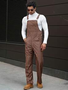 Manfinity CasualCool Men's Plaid Pocket Casual Versatile Bib Overall Jumpsuit, Fall/Winter