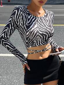 Livesso Women's Zebra Print Cropped Tie Front Long Sleeve T-Shirt