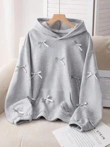 少女可爱复古时尚宽松卫衣，带蝴蝶结和口袋，秋冬款 - 灰色 - 查看 3