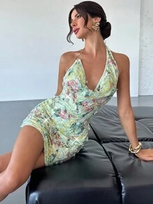 Firerie 女士优雅性感精致浪漫度假派对音乐节约会之夜低胸金属装饰 3D 花卉亮片印花紧身迷你露背绿色连衣裙 - 綠色 - 查看 7