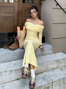 SHEIN EZwear Women's New Butter Yellow Off Shoulder Fitted Long Sleeve Dress, Fall Dresses For Going Out - Yellow - View 6