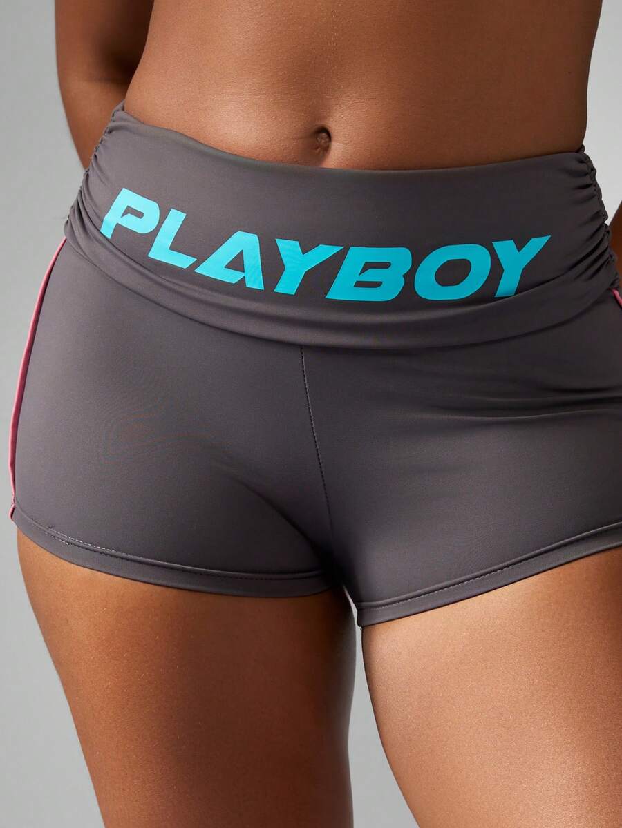 Missguided x Playboy 高腰运动短裤，腰带带有标志，适合运动训练和瑜伽锻炼 - 彩色 - 查看 1