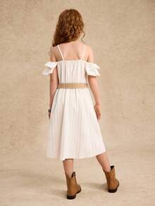 Tween Girl Cold Shoulder Ruffle Trim Belted Dress Summer Holiday