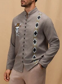 Manfinity Homme 西部牛仔印花亚麻长袖纽扣衬衫，秋季 - 灰色 - 查看 6
