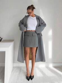 Siren Gaze 灰色高腰羊毛混纺A字中长裙，秋冬 - 灰色 - 查看 6