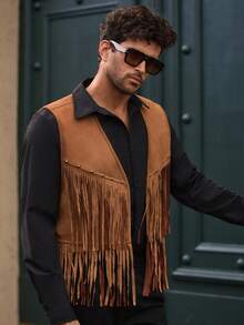 Manfinity VCAY Men's Suede Jacket With Rivet Decor And Tassel Fringe Jacket Brown Bohemian Western Vest For Men , Fall Winter - Brown - View 7