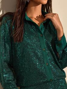 CLARA VERO Ensembles de deux pièces pour femmes avec détails pailletés, chemise et jupe - Vert - Voir 6