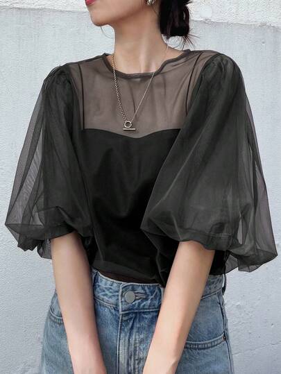 FRIFUL 女式纯棕色圆领泡泡袖透视网眼宽松休闲分层上衣