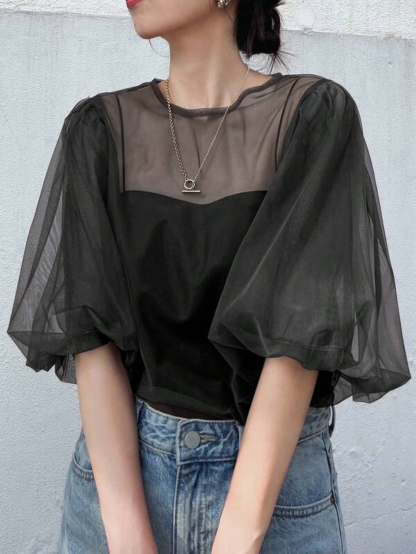 FRIFUL 女式纯棕色圆领泡泡袖透视网眼宽松休闲分层上衣