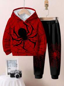 SHEIN 2pcs/Set Young Boys Loose Casual Cartoon Spider Graphic Pullover Hoodie Sweatshirt, Comfortable Streetwear Style, Suitable For Autumn/Winter Spider Hoodie For Kids Boys Halloween  Spiderweb Hoodie Boys Spider  Fall - Multicolor - View 3