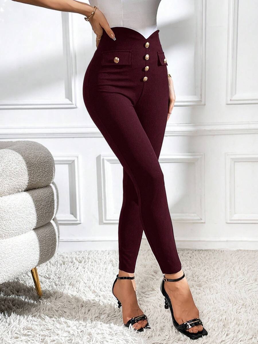 SHEIN Privé 女式高腰纽扣装饰紧身优雅裤 - 酒紅色 - 查看 1