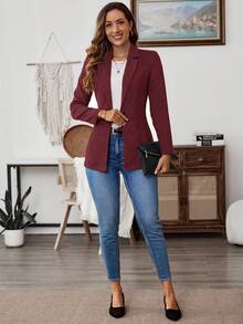 SHEIN LUNE 秋冬女士纯色单扣优雅办公室长袖西装外套 - 酒紅色 - 查看 4