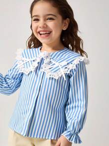 Maija Kids Maija Kids 少女条纹彼得潘领长袖衬衫，适合日常休闲和通勤穿着 - 藍色 - 查看 1