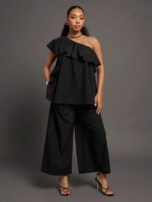 Vixey 纯色梭织褶裥斜插口袋阔腿七分裤，商务休闲，办公 - 黑色 - 查看 3