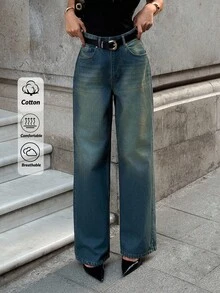 EURMUSE Calça jeans vintage lavada, cintura alta, perna reta, estilo viajante - Lavagem Média - Ver 4