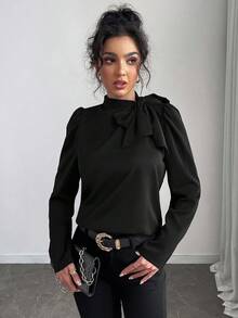 SHEIN Raffinéa 女士纯色优雅百搭系带领泡泡袖衬衫 - 黑色 - 查看 6