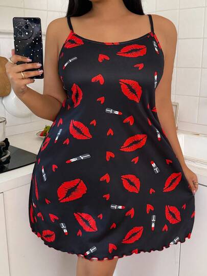SHEIN Plus Size Women Lip Print Camisole Nightgown Summer Dress Lipstick Print Dress Red Lip Dress Black Dress With Red Lips
