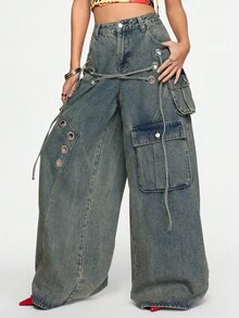 ROMWE Grunge Punk Quần jeans nữ cạp thấp dáng rộng phong cách Punk Streetwear - Màu xanh lam - Xem 5