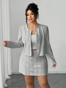 Elenzga Set jachetă elegantă în carouri, cu mânecă lungă, scurtă și fustă scurtă, mărime plus, primăvară/toamnă - Alb-negru - Vizualizare 1