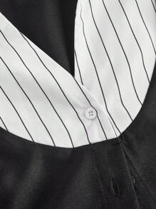 SHEIN MOD Plus Size Black And White Contrast Stripe 2-In-1 Shirt,Autumn Elegant Office Wear Business Attire,Patchwork Turndown Collar Flared Sleeve Tops,Vintage - Black and White - View 4