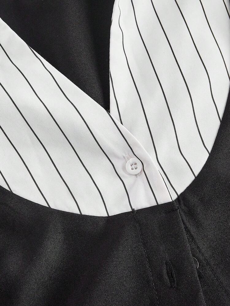 SHEIN MOD 大码撞色条纹短衬衫，大码办公室着装，大码商务服装，条纹优雅百搭单品，秋冬上衣，白色条纹拼接翻领喇叭袖二合一衬衫，学院风，西部风女装，2000年代风格，返校季，女教师，学校，返校季，教师，复古，乡村风 - 黑與白 - 查看 4