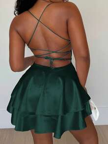 Alexandranx Đầm ngắn hở lưng gợi cảm dây mảnh mùa hè cho nữ - Màu xanh lá cây đậm - Xem 3