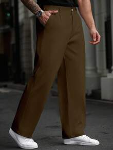 Manfinity Homme Plus Size Men's Solid Color Pocket Straight Loose Casual Pants, For Fall - Brown - View 3