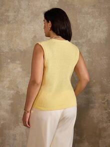 Flirla Chaleco de punto con botones de concha para mujer de talla grande, suéter superior versátil de moda casual