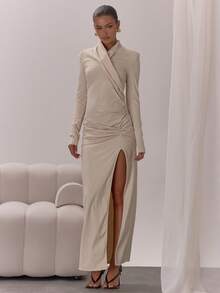 MUSERA 交叉领口褶皱裹身开衩长裙，优雅性感，适合夜晚外出、婚礼宾客、度假、秋季叠穿派对、感恩节、时尚新娘、单身派对、告别单身派对等场合。 - 卡其色 - 查看 5