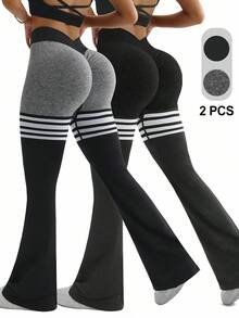 Gameset SHEIN Sport 2 buc femei fără cusături, talie înaltă elastică, strângere la fese, ridicare pantaloni de yoga evazați pentru picioare, colanți de antrenament, colanți evazați, colanți evazați, bootcut, pantaloni de yoga pentru femei, colanți evazați