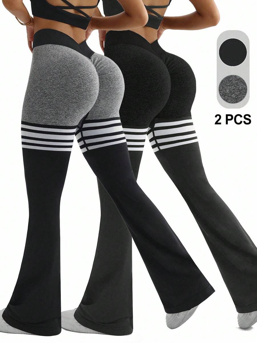 Gameset SHEIN Sport 2 buc femei fără cusături, talie înaltă elastică, strângere la fese, ridicare pantaloni de yoga evazați pentru picioare, colanți de antrenament, colanți evazați, colanți evazați, bootcut, pantaloni de yoga pentru femei, colanți evazați