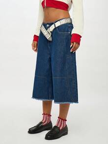 SUMWON WOMEN Wide Leg Baggy Denim Jorts With Raw Edge Hem Detail Casual Cutoff Bermuda Culottes Street Style Y2K Fashion Loose Fit Knee Length Relaxed Bottoms - Blue - View 3