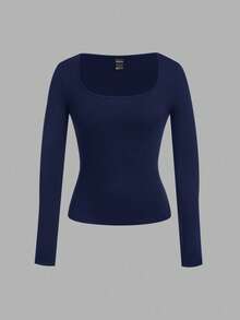 SHEIN EZwear 2 件女式海军蓝和杏色方领修身长袖休闲 T 恤套装，适合秋冬季 - 彩色 - 查看 4