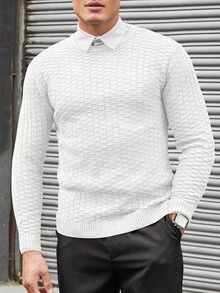 SHEIN Cottnline Men's Solid Color Jacquard Knit Sweater Without Shirt - White - View 6