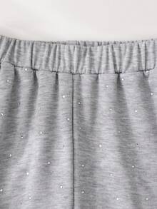 Tween Girls' Elastic Waist Solid Color Loose Straight Leg Rhinestone Embellished Casual Sweatpants Fall Winter