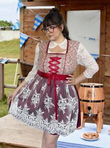 SHEIN EZwear 蕾丝对比拼布提花甜美浪漫 Dirndl 加大码 A 字连衣裙 - 粉色 - 查看 9