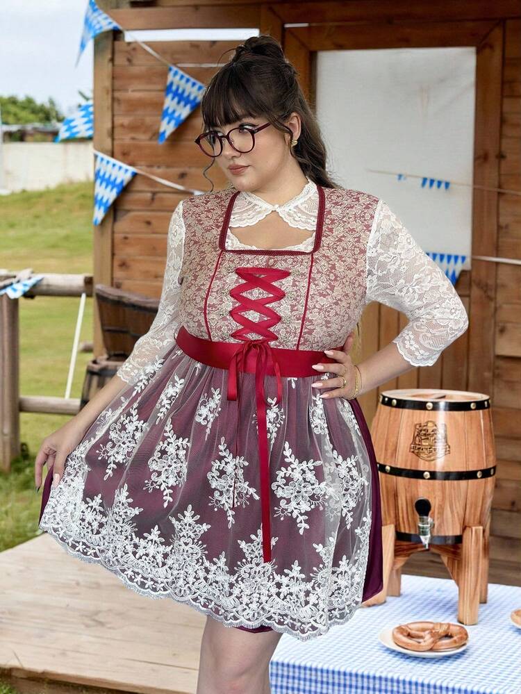 SHEIN EZwear 蕾丝对比拼布提花甜美浪漫 Dirndl 加大码 A 字连衣裙 - 粉色 - 查看 9