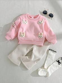 Playful Pals 两件套女婴可爱兔子T恤套装，圆领长袖3D立体刺绣兔子T恤上衣搭配松紧腰裤，保暖内衬休闲套装，适合温暖秋冬季日常外出穿着。 - 粉色 - 查看 3