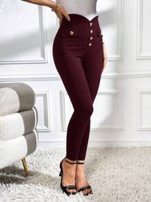 SHEIN Privé 女式高腰纽扣装饰紧身优雅裤 - 酒紅色 - 查看 4