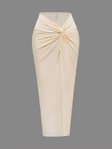 Bonvoyette 2 件女式夏季新款纯色贝壳包可调节肩带连体泳衣，带长裙，性感优雅度假简约连体泳衣 - 杏色 - 查看 5