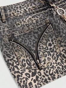 ROMWE Grunge Punk Spring Y2K Leopard Print Metallic Rhinestone Chain Decor Ultra Low Waist Mini Denim Skirt - Black - View 4