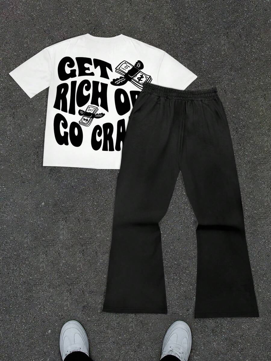 Manfinity EMRG 2pcs Men Funny Portrait & Letter Graphic Casual Street Style Round Neck Short Sleeve T-Shirt And Flared Sweatpants Set - Multicolor - View 1