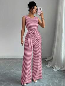 Elenzga 女士通勤休闲圆领黑白条纹蝴蝶结连体裤，适合毕业典礼、返校节、独立日、通勤和日常休闲穿着 - 粉色 - 查看 1